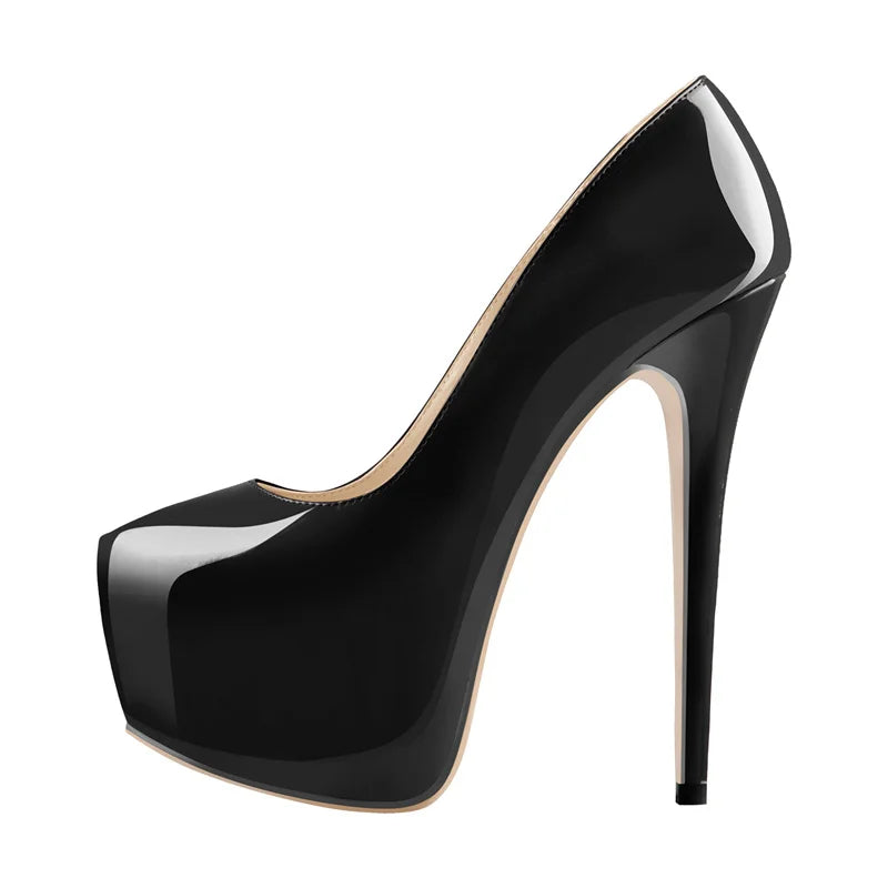 Onlymaker Women Platform Round Toe Pumps Slip On Stiletto Black Patent High Heels Wedding Party Plus Size Sexy Shoes