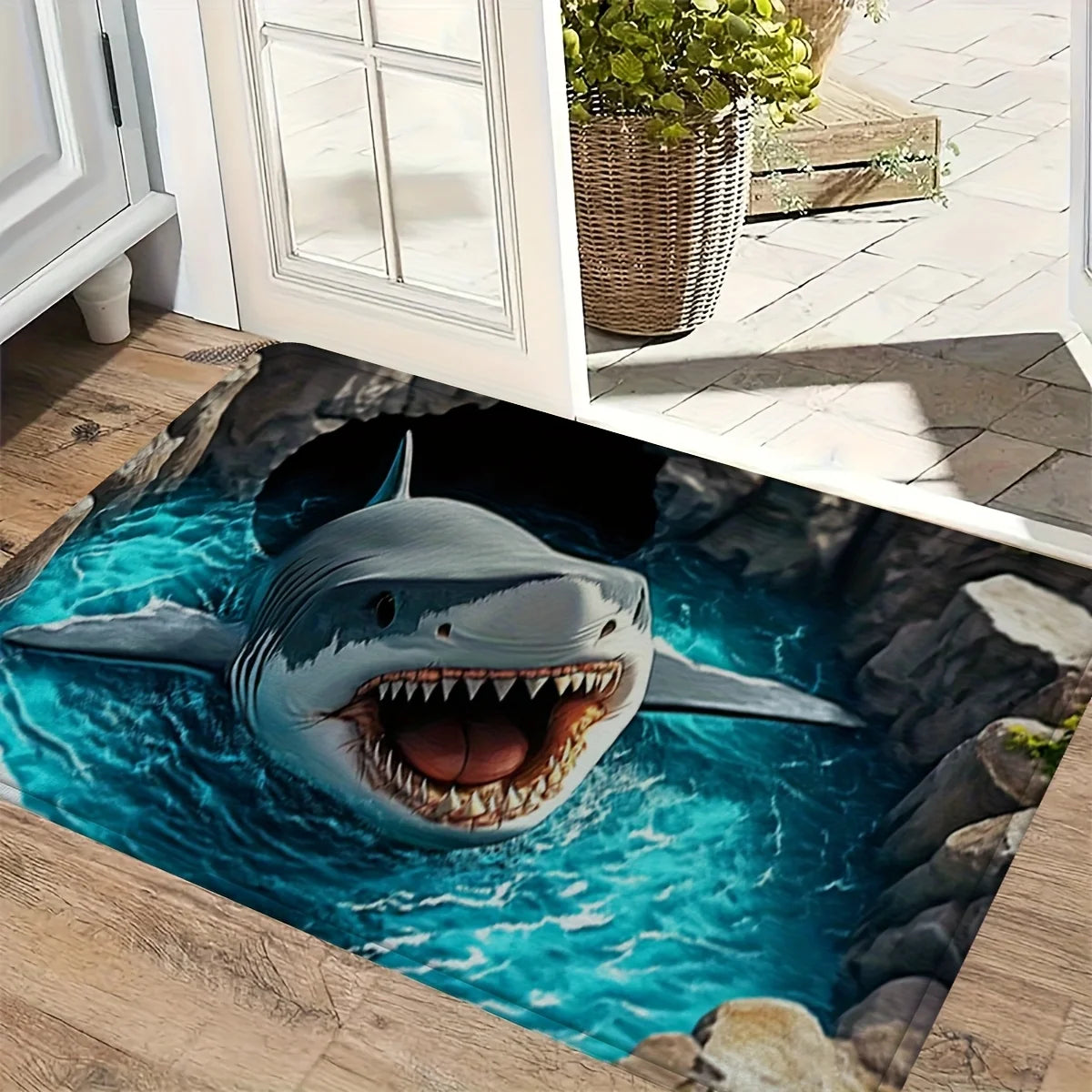 Shark 3D Printed Flannel Rug Ocean Cave Design Indoor Floor Mat Marine Animal Theme Home Decor Living Room Entrance Art Pet