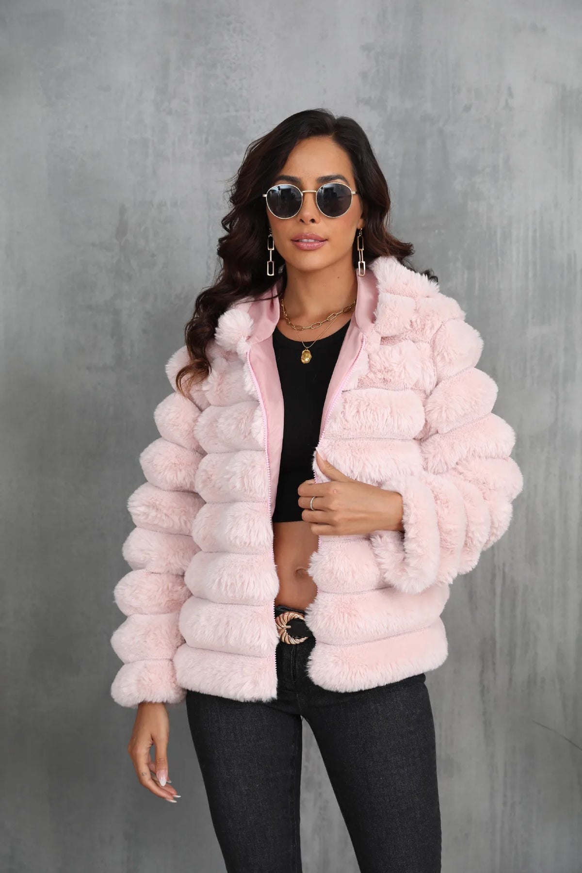 2026 Winter Hooded Plus Size Faux Fur Cropped Coat Women Furry Long Sleeve Plush Jacket Lady Large Fake Fur Warm Fluffy Cardigan