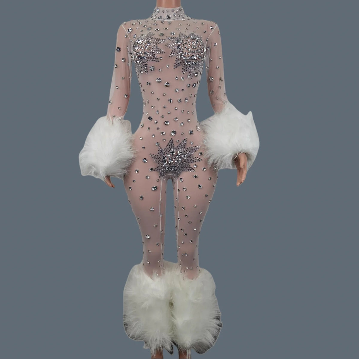 Shiny Crystals Pink Mesh Jumpsuit Sexy Feather Designe Birthday Jumpsuit Club Singer Event Performance Costume Stage Wear Guibin