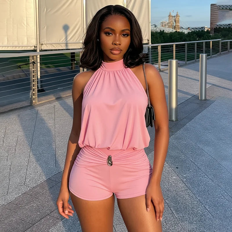 Spicy girl style fashionable hanging neck tie pleated backless slim fit jumpsuit shorts