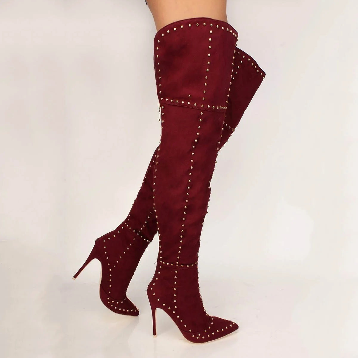 Sexy Green Blue Suede Gold Studs Women Over The Knee Boots Ladies High Heel Thick Slip On Point Toe Rivets Motorcycle Botas
