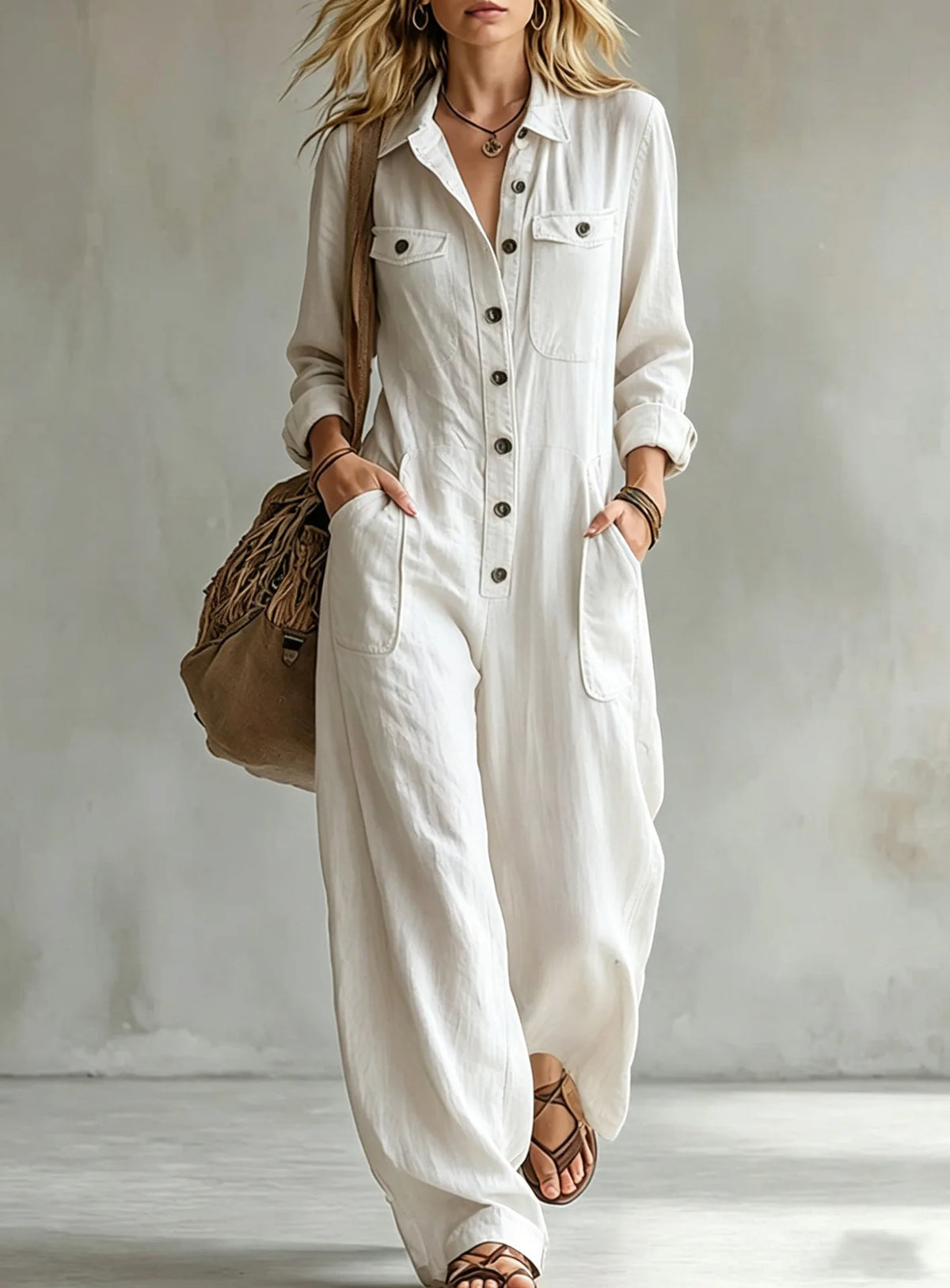 Autumn Simple Solid Women's Jumpsuit Fashion Button Half Open Design Loose Lapel Jumpsuits With Pocket Ladies Office Clothing