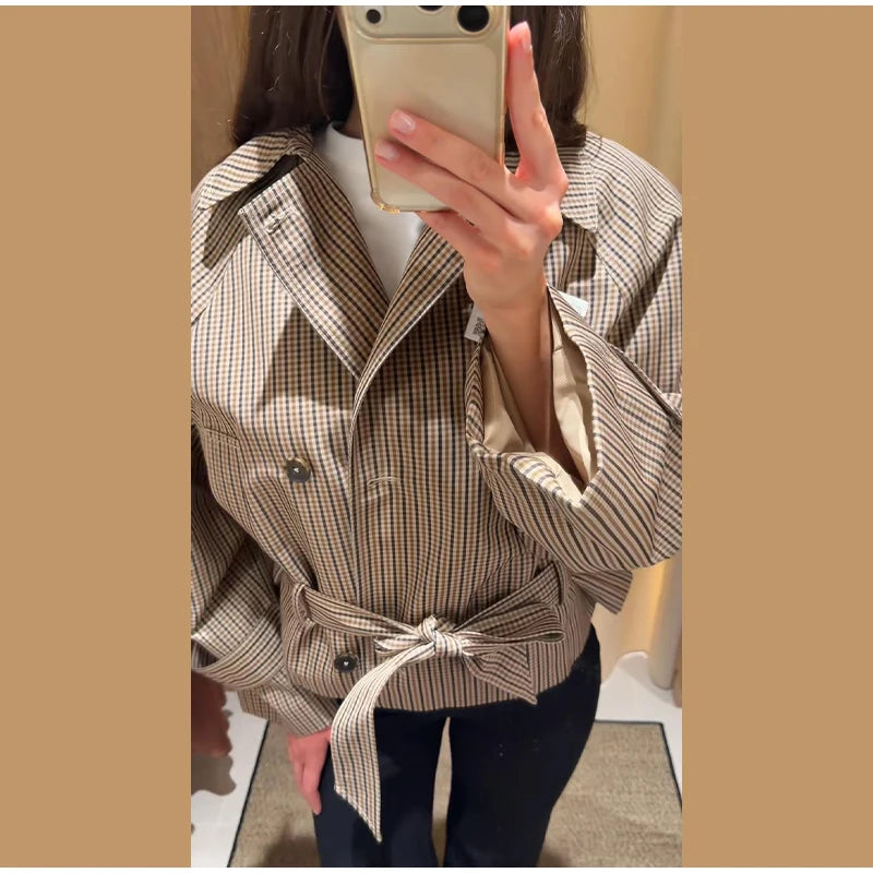 Vintage Plaid Women's Cropped Trench Coat Autumn Lapel Tie Waist Full Sleeve Windbreaker New Chic Casual Elegant Jacket 2026