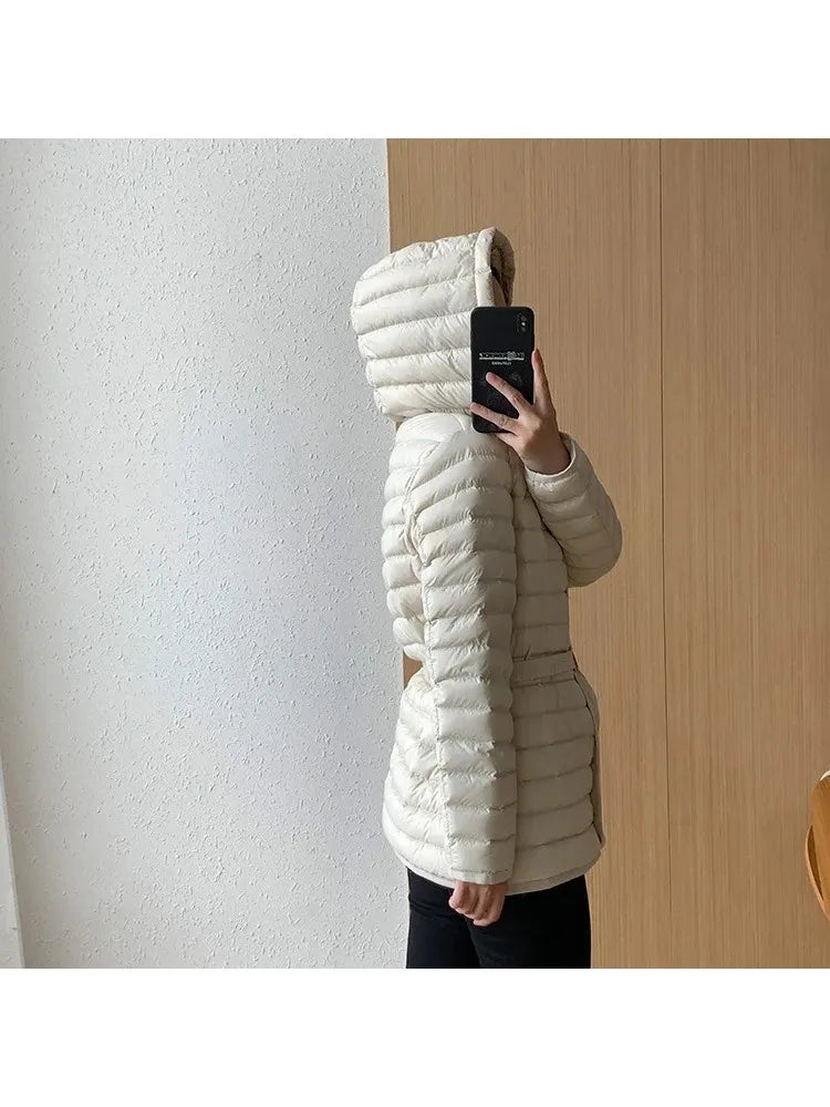 2025 Autumn Winter Luxury Lightweight Short Slim 90% White Duck Down Jacket Women Hooded Detachable Sash Warm Down Coat Fashion