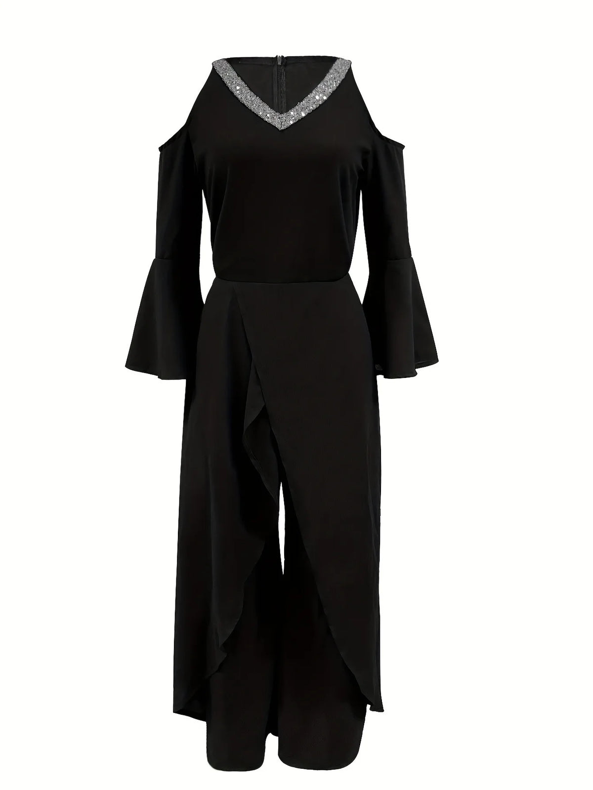 Women's Sequin Solid V Neck Business Elegant Wide Leg Loose Sleeve Bell Sleeve Jumpsuit