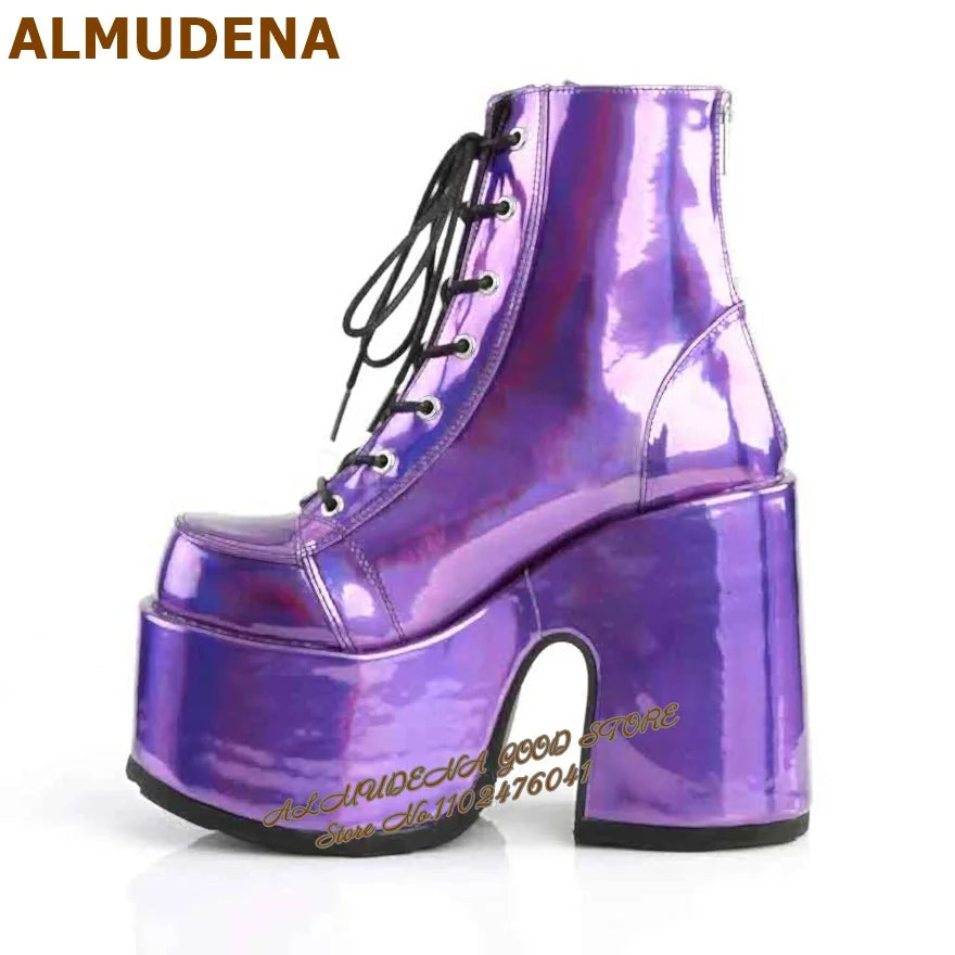 Hologram Purple Shiny Platform Ankle Boots Gothic Punk Lace Up Super Chunky Heel Short Booties Nightclub Dancing Shoes