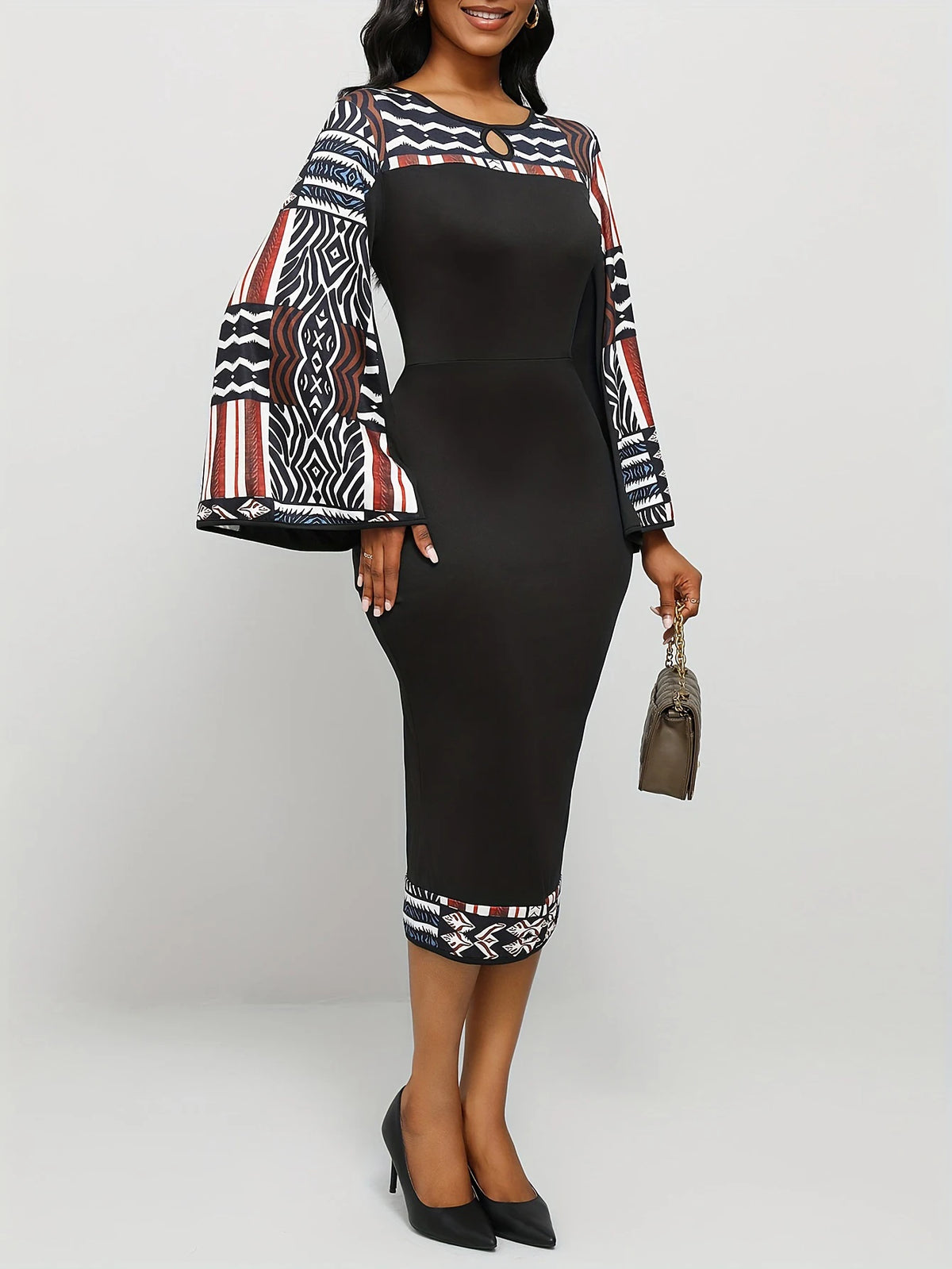 Women's Geometric Pattern Dress Bohemian Bell Sleeve Long Sleeve Asymmetrical Slit Maxi Dress