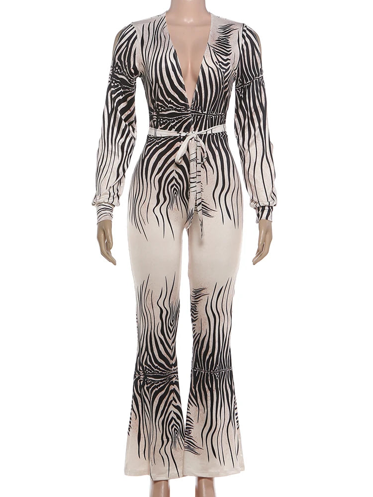 Nibber Deep V-Neck Jumpsuit Woman Stripe Patchwork Flared Hollow Full Sleeve Street Off Shoulder Sexy Fashion Style Overalls