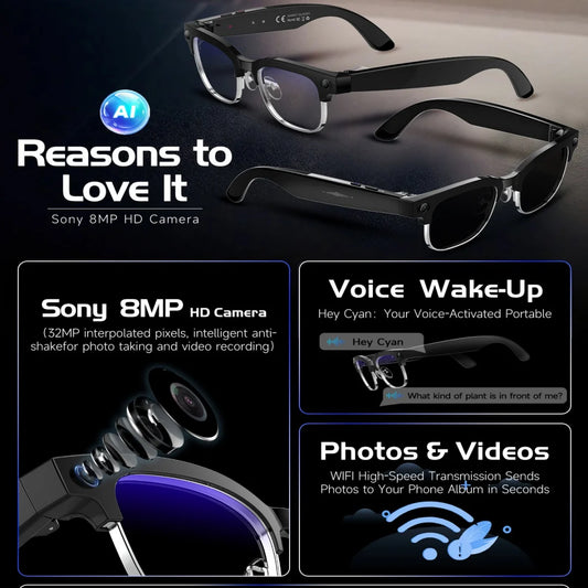 Smart AI Glasses 4K 8MP Camera Recording Videos Photo Recognition Answer Translation BT Call Photochromic Sunglasses Waterproof