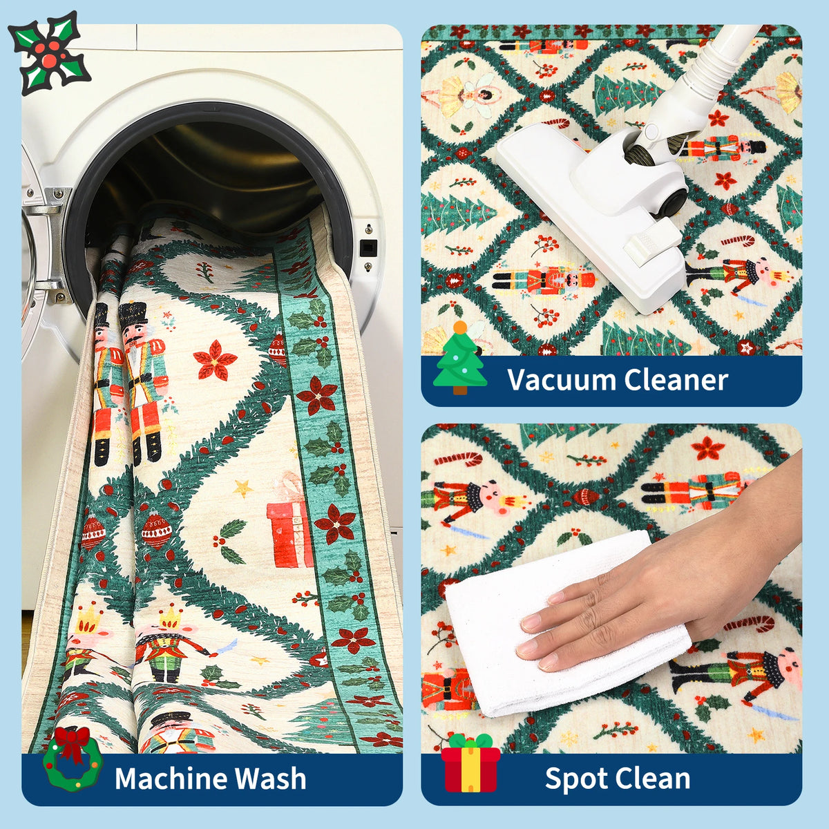 Christmas Nutcracker Area Rug Machine Washable Low Pile Non-slip Carpet for Bedroom Living Room
