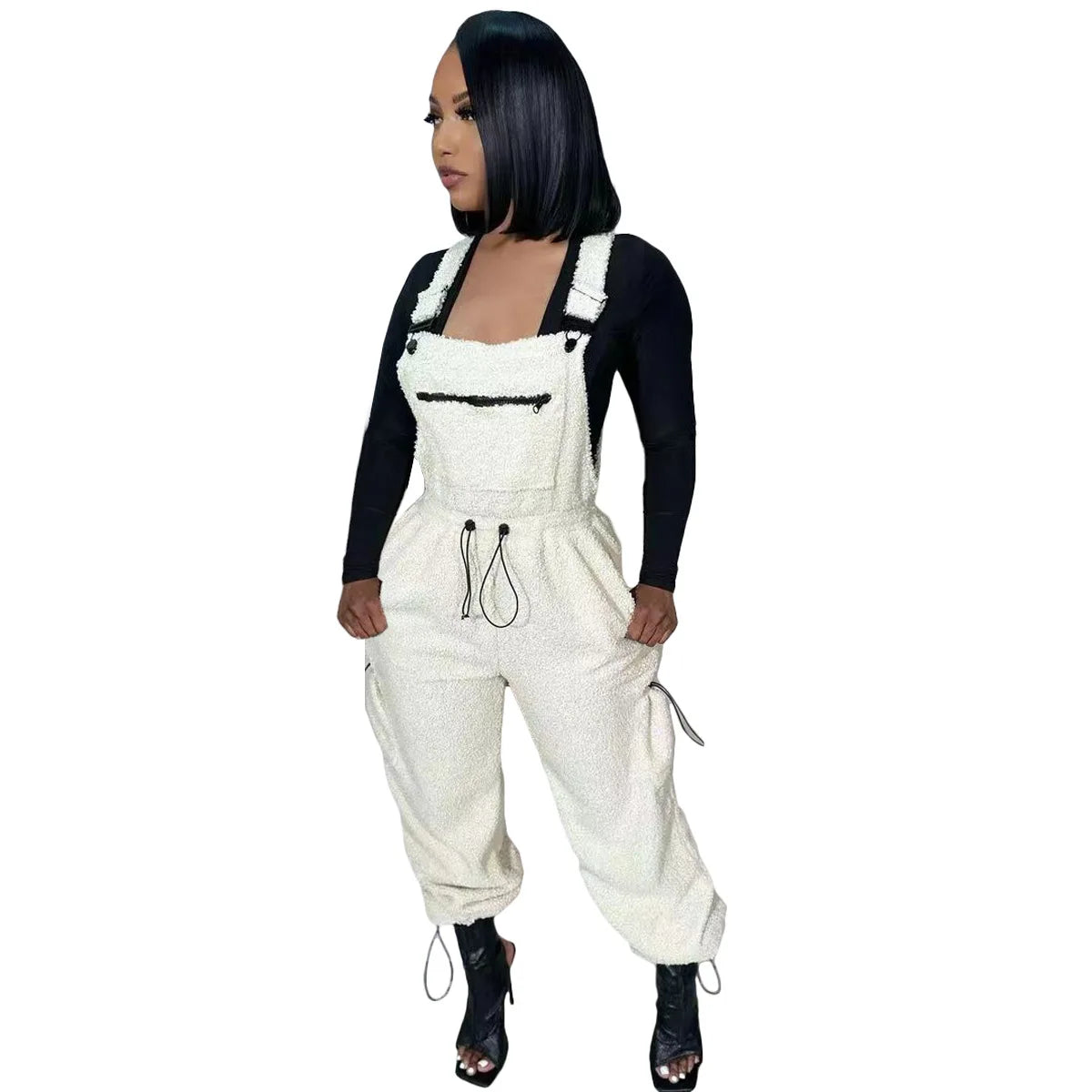 Lace Up Jumpsuit Women One Piece Jumpsuits Fur Rompers High Waist Spring Autumn Pants Mom Overalls Playsuits Elegant Pink