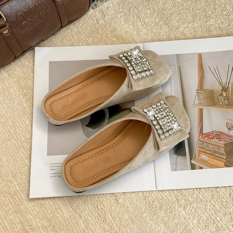 Women's Flat Shoes Korean Style Square Toe Moccasins Ladies Footwear 2025 Trend Young Summer Chic and Elegant Luxury Brand