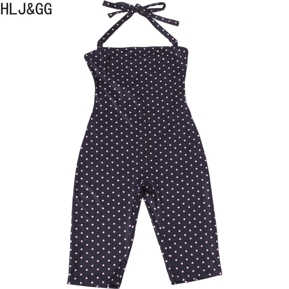 FAGADOER Fashion Trend Street Polka Dot Printing Rompers Women Halter Lace Up Bodycon Jumpsuits Sexy Female Playsuits 2026 New