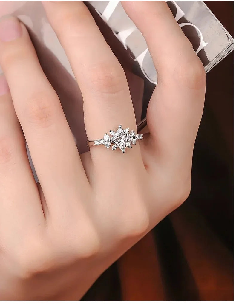 Princess-Cut 4-Prong Ring Women's PT950 Platinum 2Ct Moissanite - Square elegant, 4-prong holds stone, platinum shows graceful