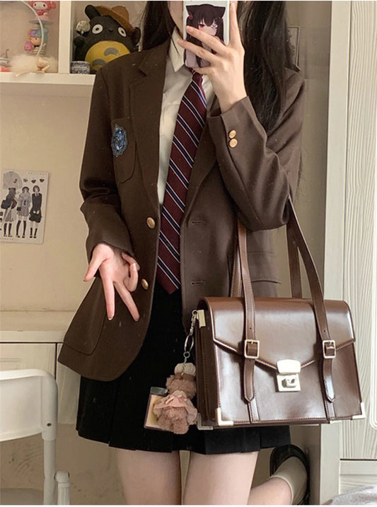 New College Style JK Uniform Suit Blazer Women Middle Long Jacket Top Girls Coffee Brown/Black Coat Long sleeved Spring Autumn