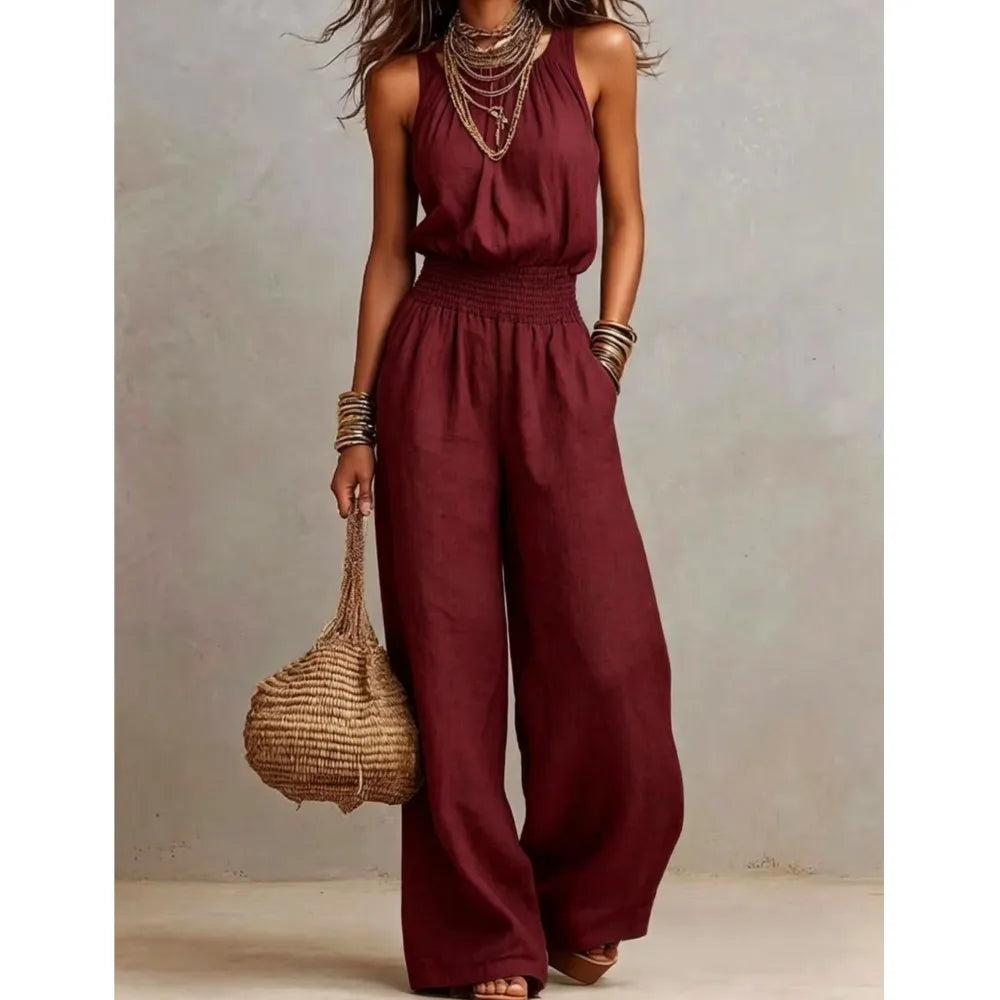Women's Halter Neck Smocked Linen Blend Jumpsuit Waist Wide Leg Long Romper Casual Sleeveless Summer Beach Vacation Jumpsuits