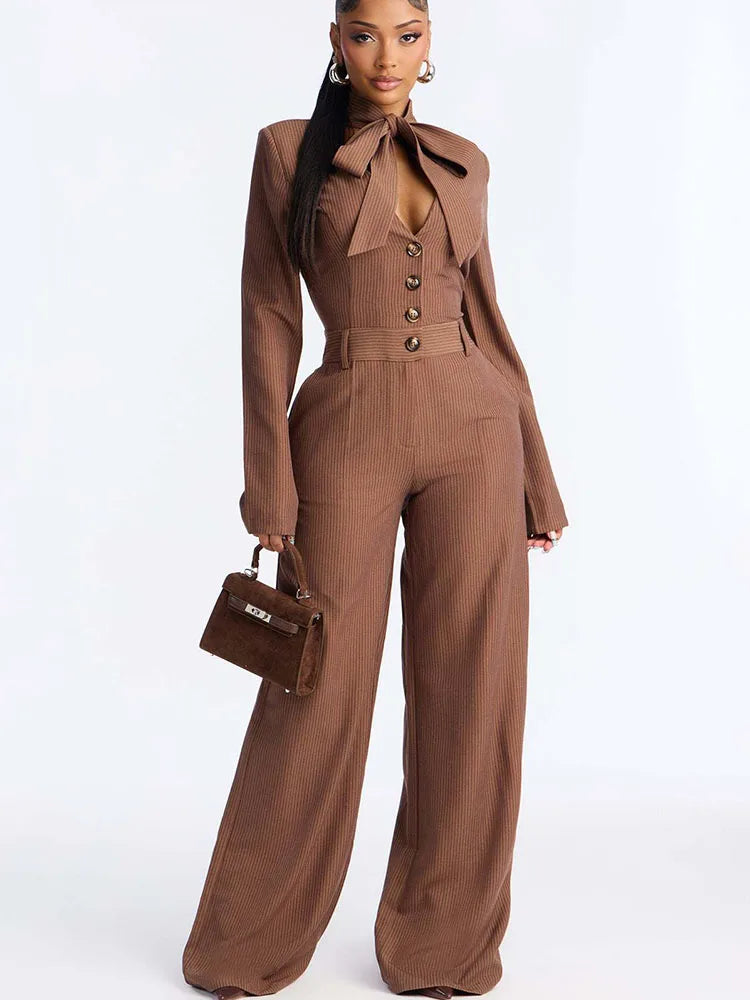 Elegant Office Lady Solid Jumpsuit Women Long Sleeve Lace-up Bow Button Ribbed High Waist Party One Piece Rompers and Jumpsuits