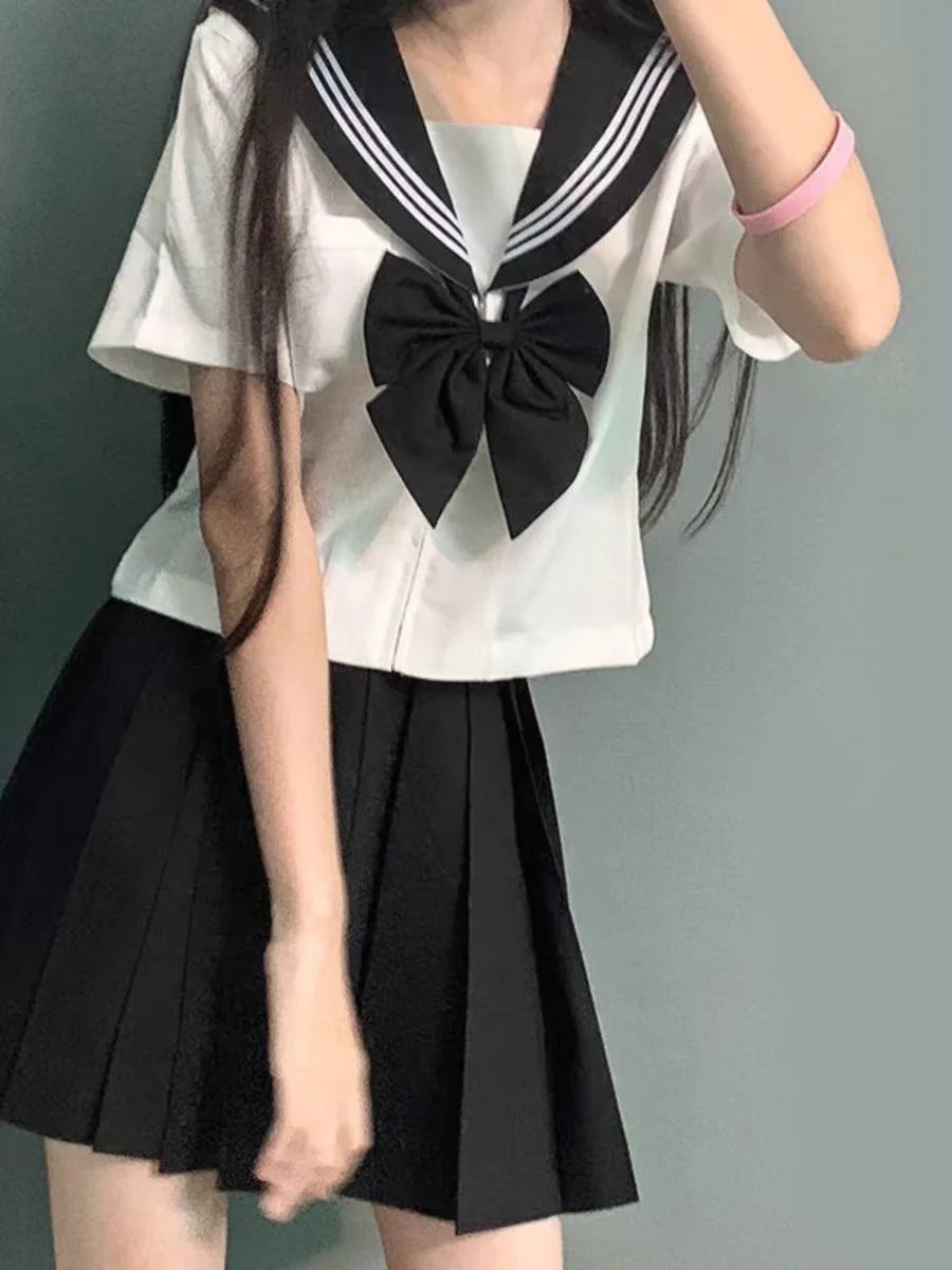 Basic JK Black Collar White Lines School Uniform Girl Sailor Suits Pleated Skirt Japanese Style Clothes Anime COS Costumes Women