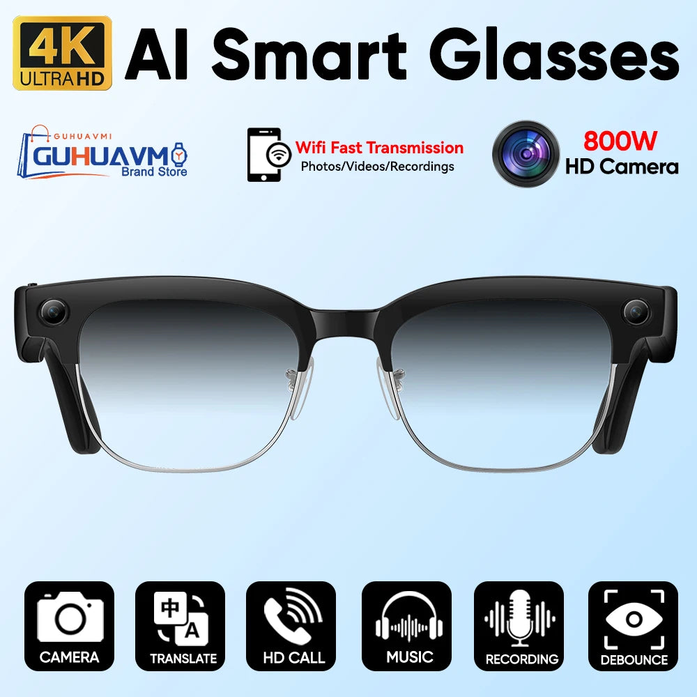 2026 New Men Smart AI Glasses 4K HD 800MP Camera Chat GPT Bluetooth Call Language Translation Wifi Music Player Sunglasses Women