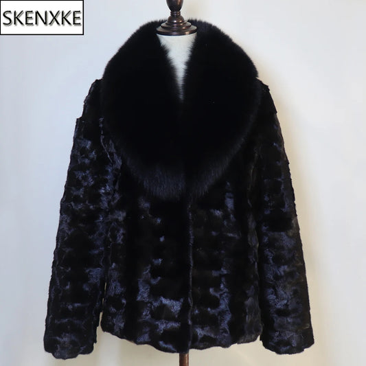 New Women Winter Real Fur Coat Warm Fashion 100% Natural Mink Fur Jacket with Fox Fur Collar Lady Thick Real Mink Fur Overcoat