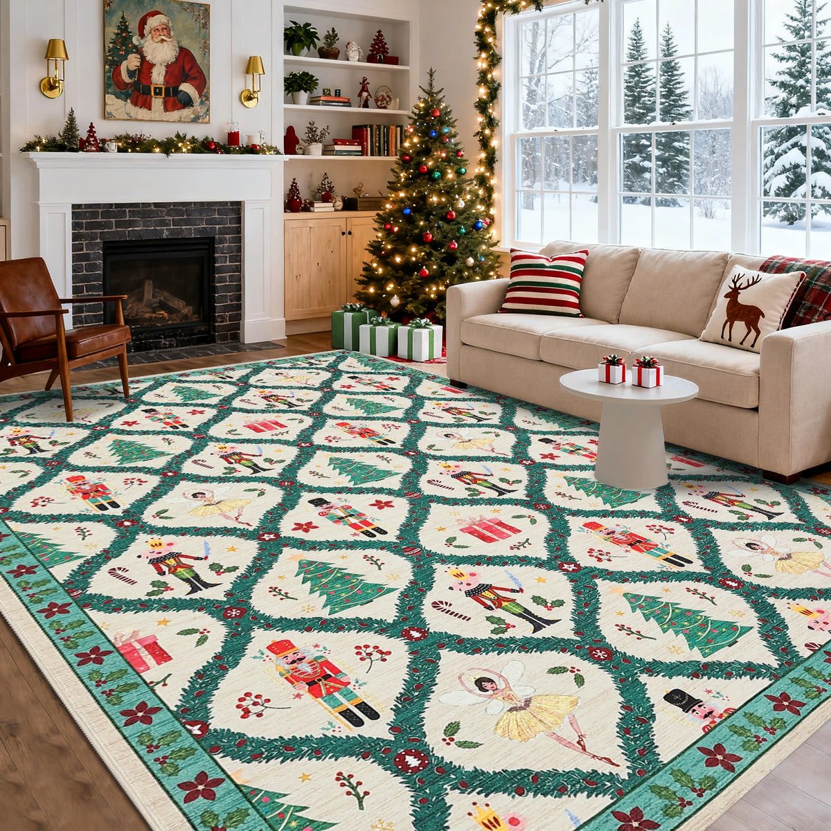 Christmas Nutcracker Area Rug Machine Washable Low Pile Non-slip Carpet for Bedroom Living Room