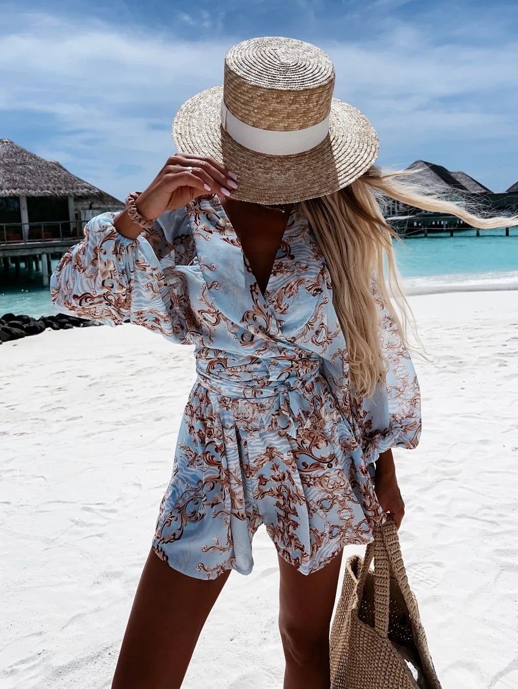 Spring Summer Boho Women Jumpsuit Fashion Deep V Neck Lantern Sleeve Casual Print Rompers Shorts Women's Elegant Jumpsuits New