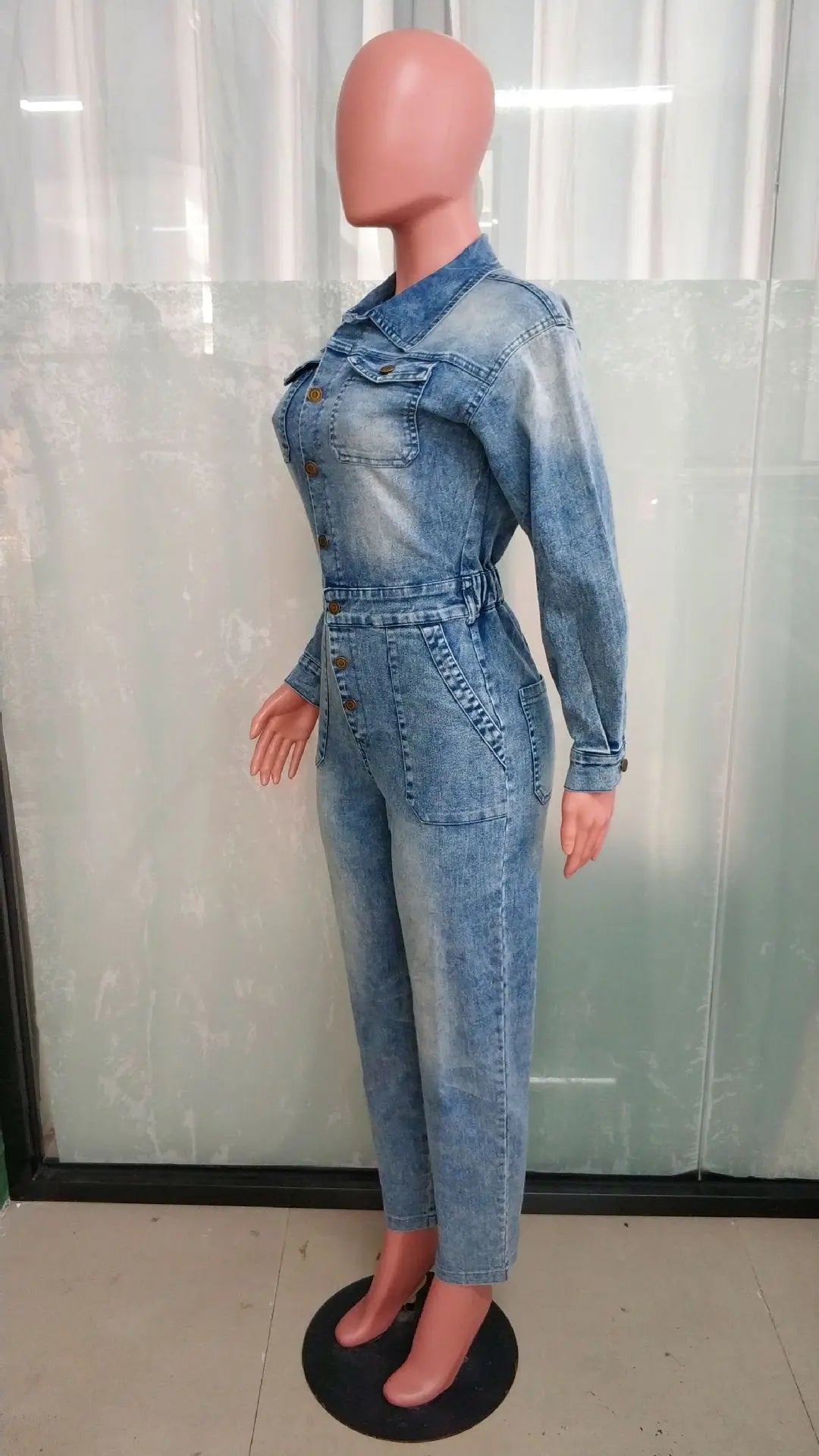 Winter Autumn Jeans Stretch Jumpsuit Sexy Women Turn Down Collar Elegant Denim Straight Romper Overalls