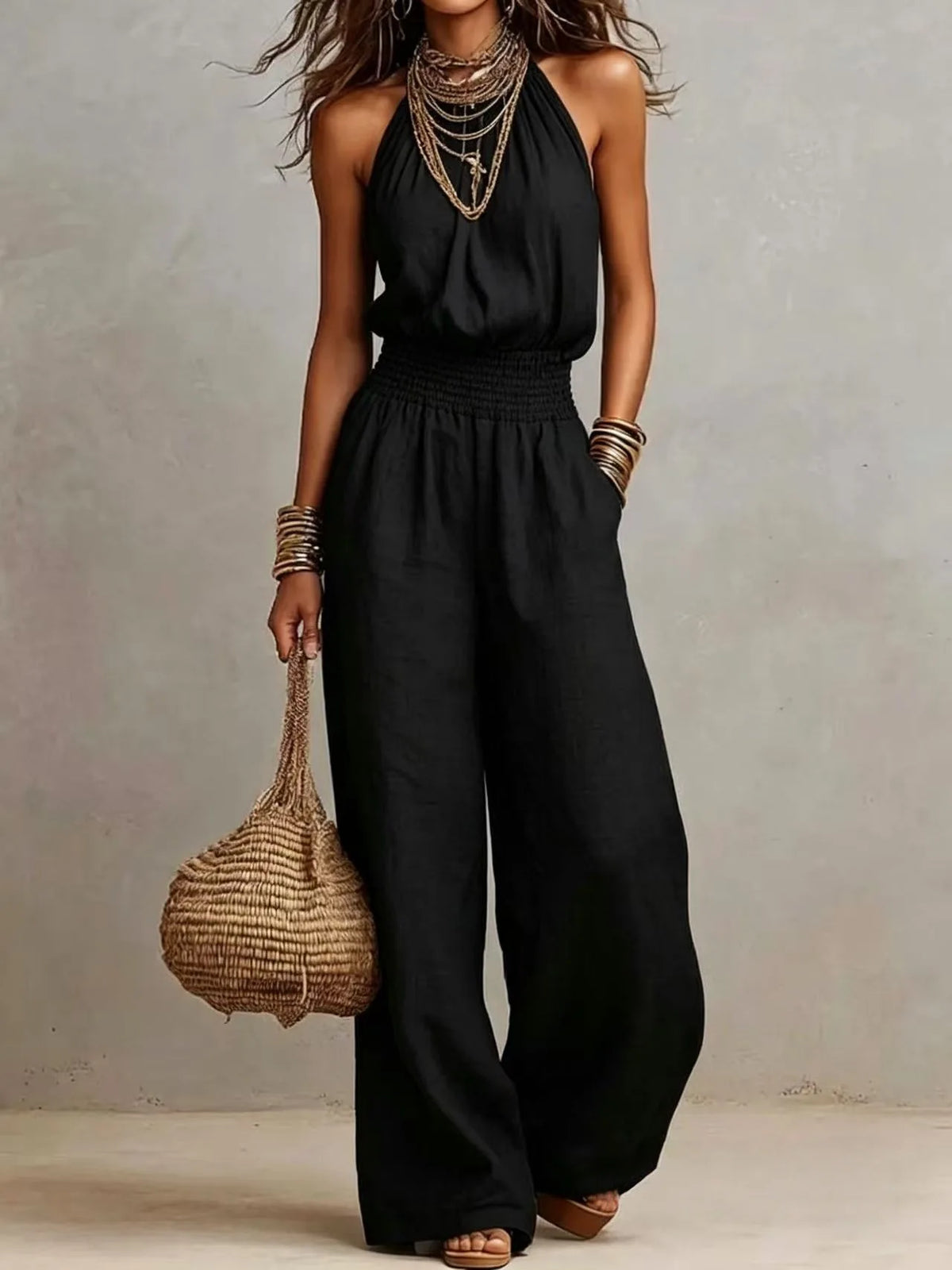 Women's Halter Neck Smocked Linen Blend Jumpsuit Waist Wide Leg Long Romper Casual Sleeveless Summer Beach Vacation Jumpsuits