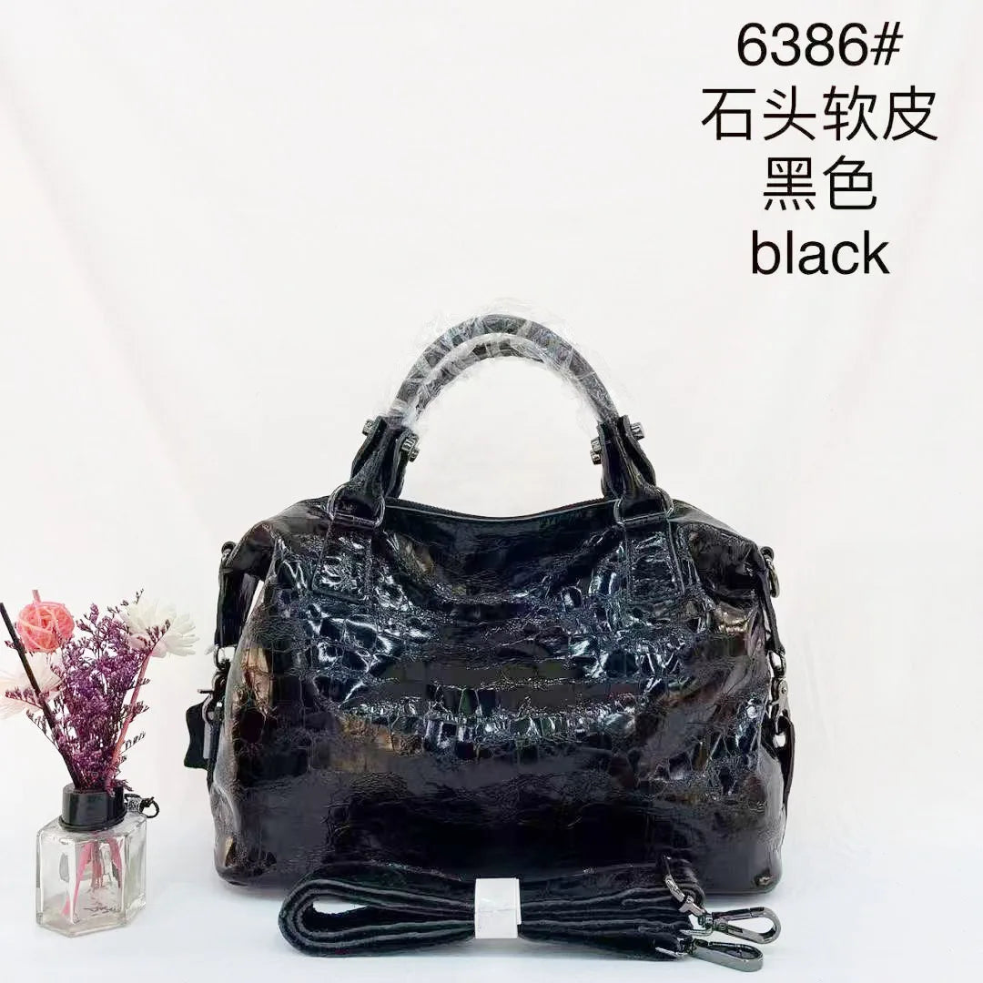 Real Leather Shiny Tote Handbags For Women Fashion Genuine Cowhide Leather Metallic Lady Bags With Shiny Embossed Coating