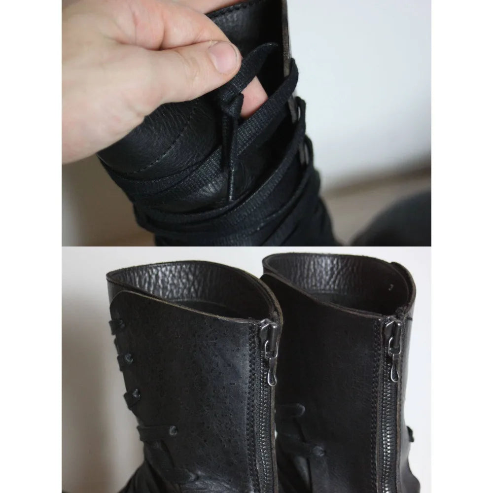 Side Cross Tied Black Walking Boots Fashion Men's Mid-calf Knight Boots Flat Round Toe Solid Back Zipper Western Chelsae Boots