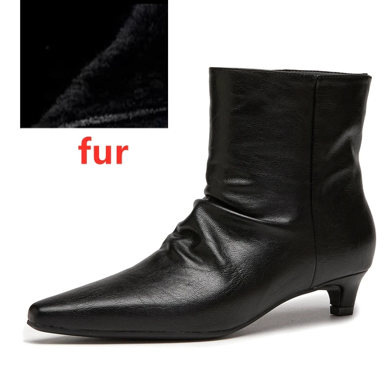AIYUQI 2026 Women Pointed Toe Ankle Boots Vintage Ruched Kitten Heel Short Boots Elegant Slip On Dress Booties for Daily Party