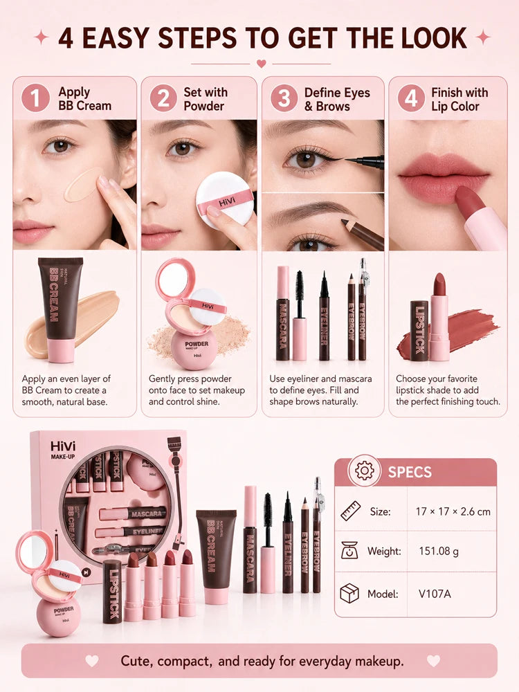 9PCS Makeup Gift Set for Women, All-in-One Lipstick Mascara Eyeliner BB Cream Powder Compact, Travel Beauty Kit for Beginners