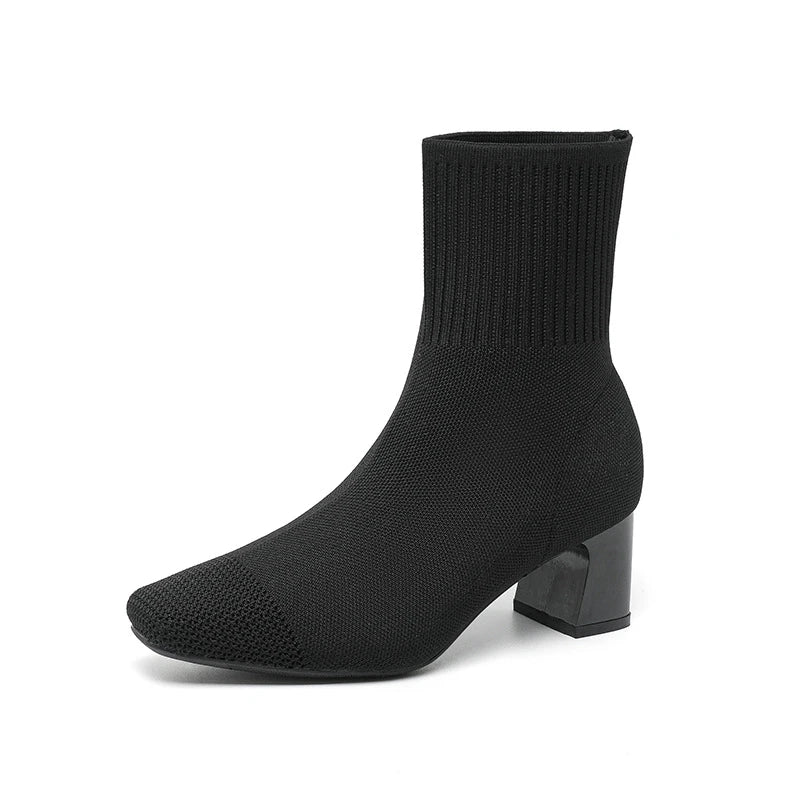 Black Square Toe Knit Sock Boots Elastic Slim Thick Block Heel High Heels Short Boots Fashion Autumn Casual Skinny Ankle Boots