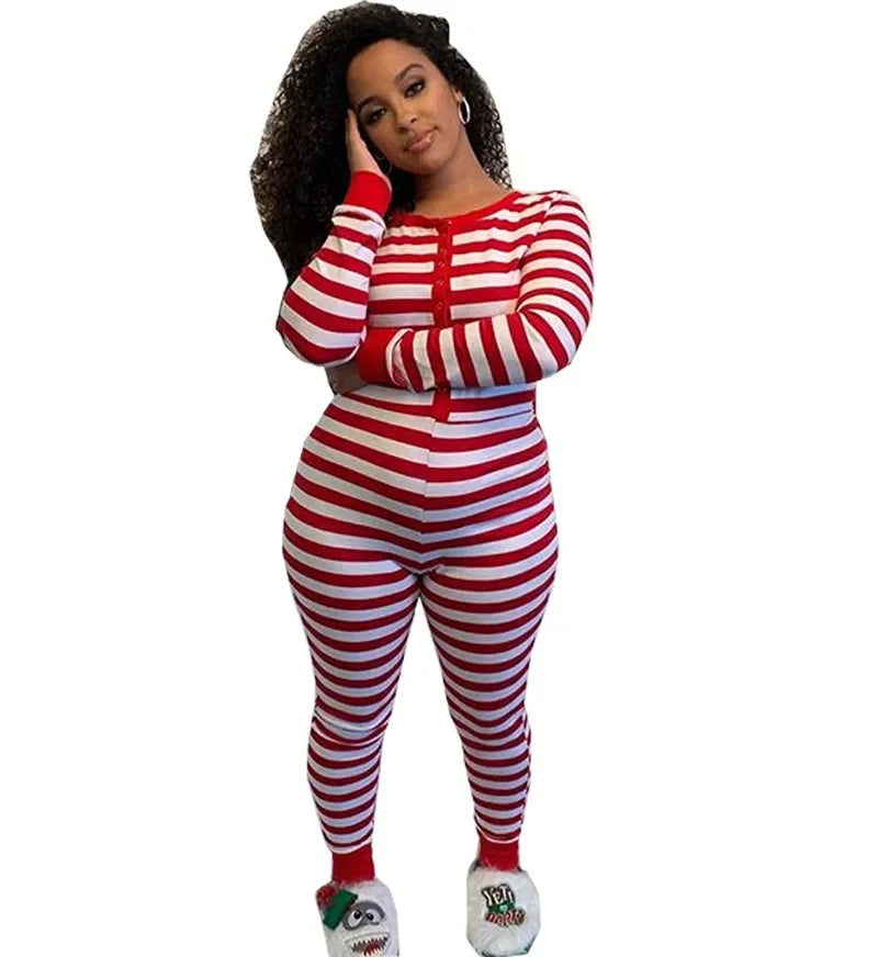 Christmas Women Sexy Bodycon Pajamas Rompers Striped Print Long Sleeve Button O Neck Jumpsuits Playsuits Sleepwear Loungewear