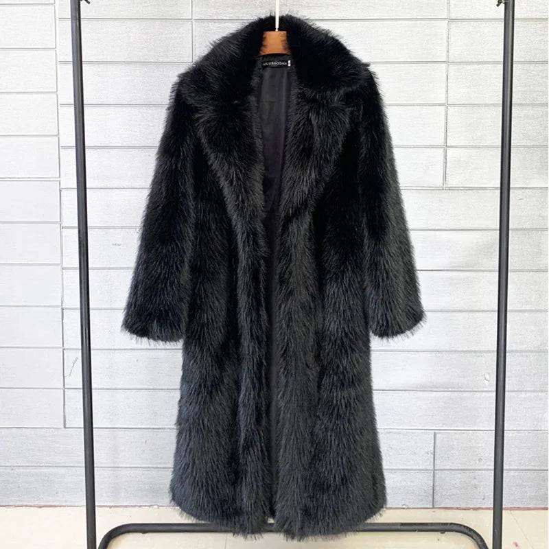 Women's Autumn Winter Long Maxi Faux Fur Coat Notched Lapel Collar Oversized Long Sleeve Pockets Thick Lady Warm Winter Overcoat