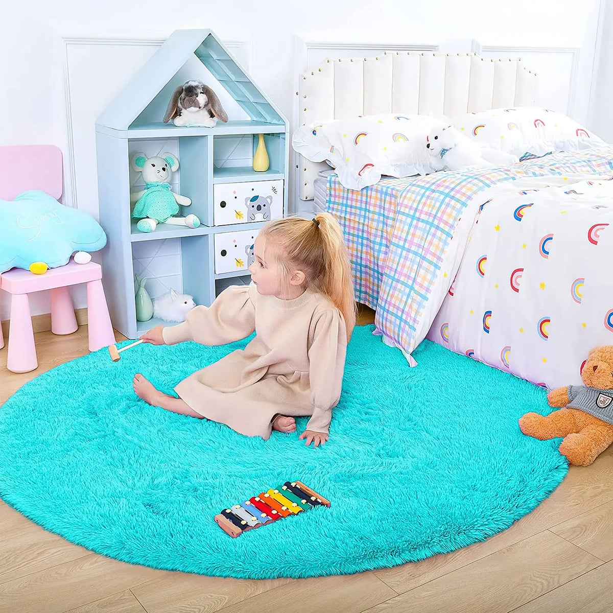 Round Fluffy Soft Area Rugs for Kids Room Princess Castle Plush Shaggy Carpet Cute Circle Nursery Rug Home Decor Circular Carpet