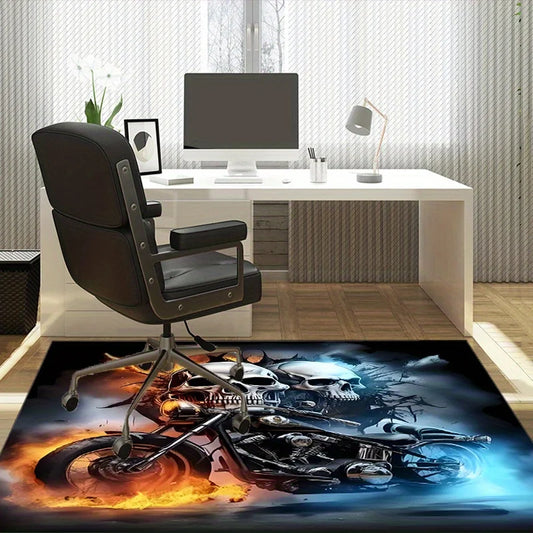 Skull Motorcycle Rug for Gaming Room Cool Biker DecorLarge Size Floor Mat with Fire Effect Unique Gift IdeaSkid resistant carpet