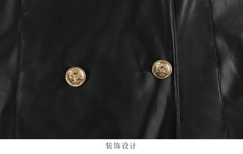 Nerazzurri Extra Long Red Black Pu Leather Trench Coat for Women with Gold Button Double Breasted Luxury Elegant Chic Overcoat