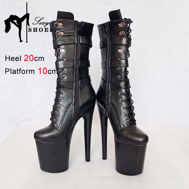 Sexy Knight Female 8Inch High Heel Platform Ankle Boots for Women Autumn Winter Shoes 20cm Black Buckle Strap Pole Dancing Boots