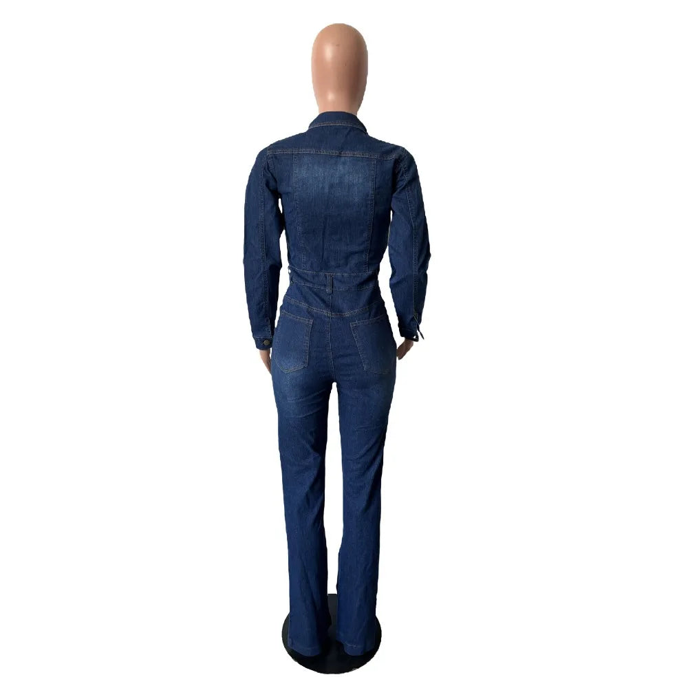 FAGADOER Fashion Denim Elastic Flared Pants Jumpsuits Women Turndown Collar Button Long Sleeve Playsuits Female Cowboy Overalls