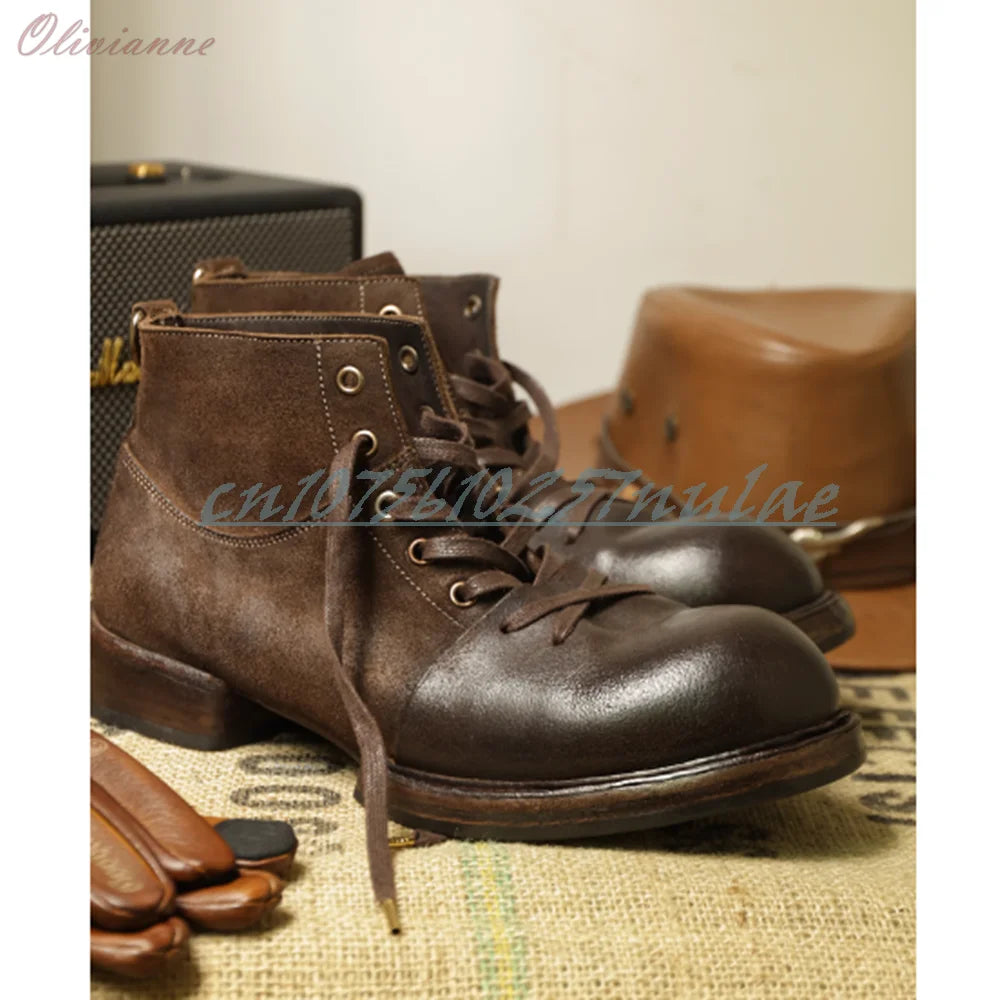 American Retro Style Chunky Leather Work Boots Lace-up Handmade Short Boots for men Thick Sole Men Shoes 2026 Zapatillas Mujer