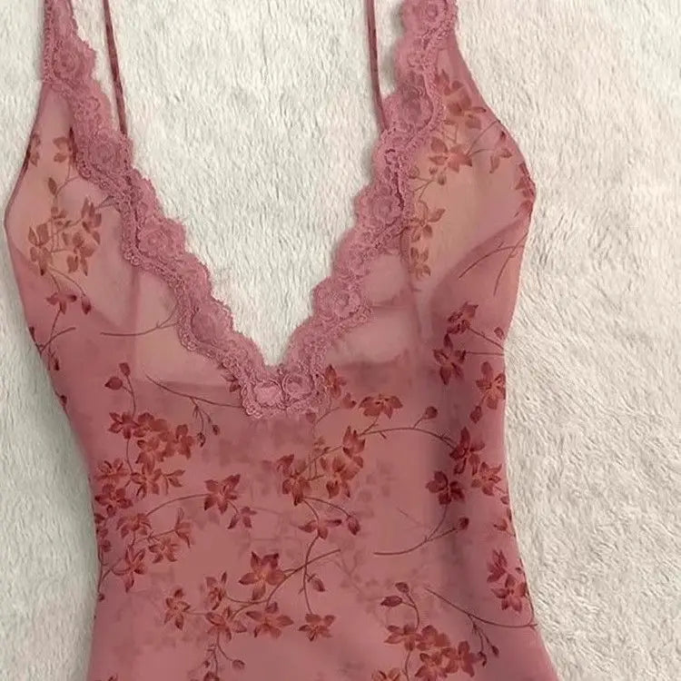Summer Woman Floral Halter Lace Blouse Vintage Sexy Slim Fairy Korean Fashion Female Tops Outfits Elegant Style Camisole Vest