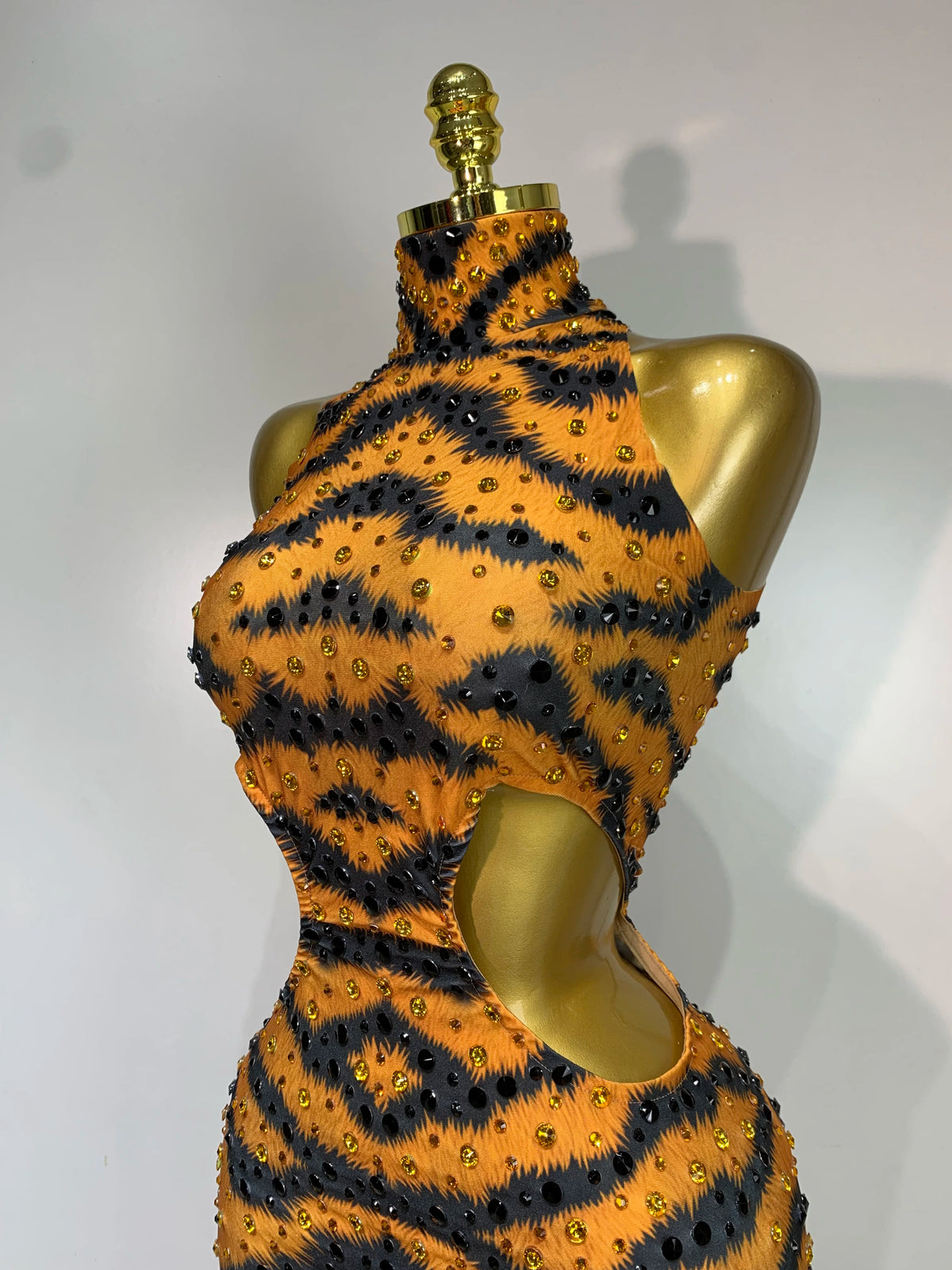 Sparkly Rhinestone Tiger Pattern Tight Fitting Jumpsuit Evening Party Sexy Nightclub DJ Stage Performance Outfit