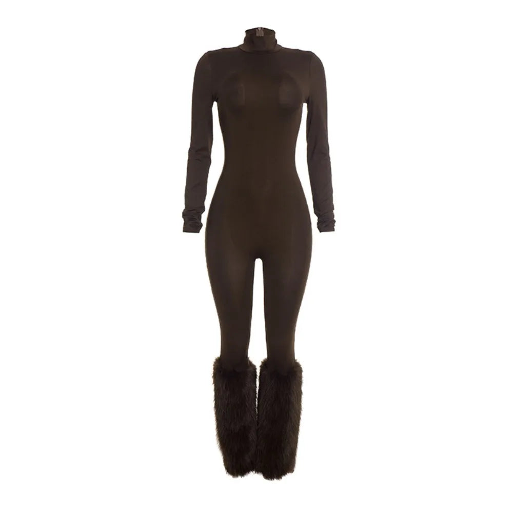 FLARORA Sexy Faux Fur Patchwork Jumpsuits Woman Turtleneck Full Sleeve Skinny Peach Hip Jumpsuit Midnight Party Club Overalls