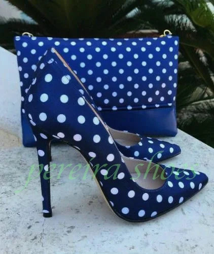 Lady Polka Dot Blue Design High Heels Pumps Pointed Toe Stiletto Heel Footwear 12Cm White Blue Mic Color Party Sexy Pumps Size