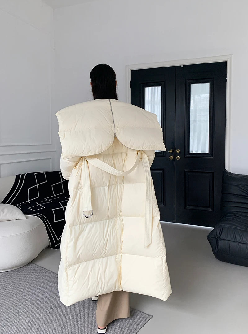 High end Ultra long White goose down Jacket For women Winter 2025 New Fashion Down Coat Female Thicken Parka Overcoat with belt
