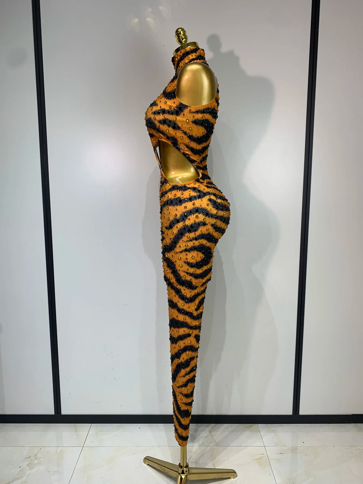 Sparkly Rhinestone Tiger Pattern Tight Fitting Jumpsuit Evening Party Sexy Nightclub DJ Stage Performance Outfit