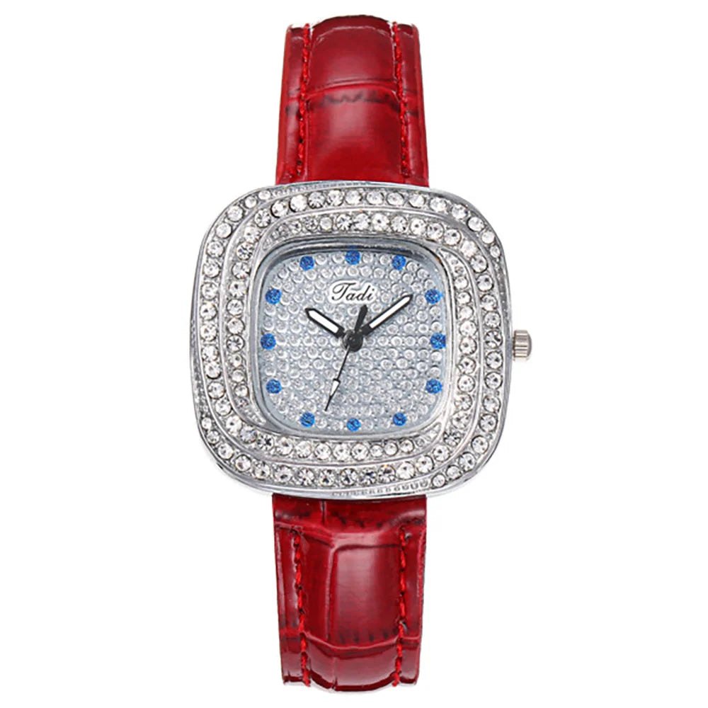 Women's 2025 New Luxury Full Star Diamonds Square Quartz Watch Business Women's Green Leather Casual Dress Clock Wristwatch