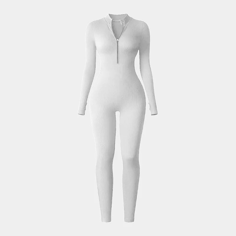 Screw Zipper Long Sleeve Jumpsuit Woman Slim Gym Workout Running Yoga Jumpsuits Women V Neck Tight Sports Fitness Clothes